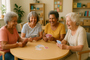 Quatro idosas jogam cartas e se divertem em uma mesa.
