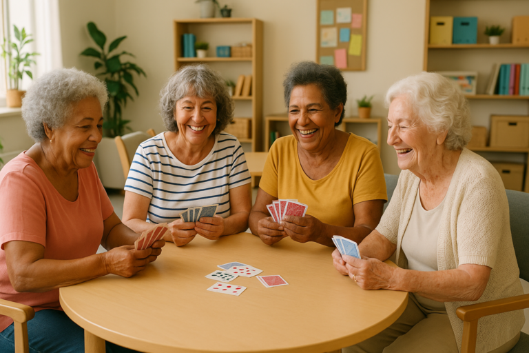 Quatro idosas jogam cartas e se divertem em uma mesa.